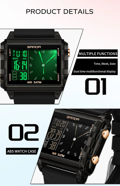 SANDA 6273 Fashion Electronic Watches for Man Luminous Calendar Waterproof Clock Outdoor Sports Casual Ladies Digital Wristwatch