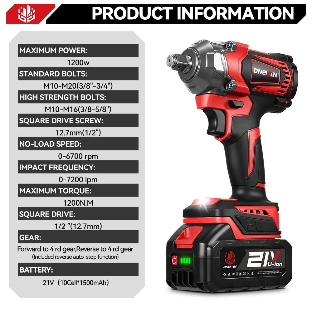 ONEVAN 1200N.M Brushless Cordless Electric Impact Wrench Portable Screwdriver Drill Repair Power Tool For Makita 18V Battery Pin
