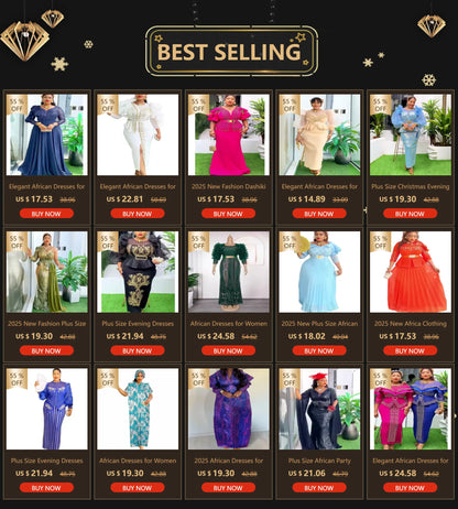 African Dresses for Women 2026 New Fashion Plus Size Sequin Evening Party Long Dress Dashiki Ankara Outfits Robe African Clothes