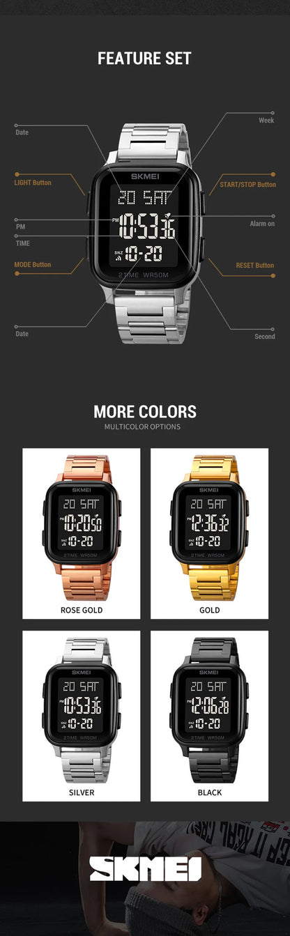 SKMEI 1859 Sport Watches for Men Waterproof Digital Electronic Stainless Steel Clock LED Display Wristwatches Mens Reloj Hombre