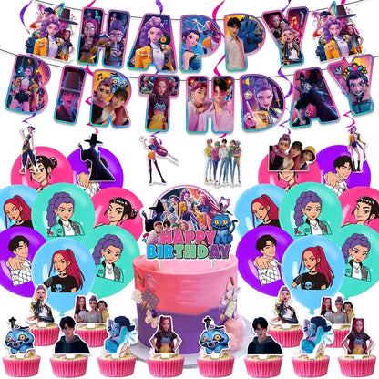 Kpop Birthday Party Decoration Tableware Set Birthday Party Supplies Balloons Cake Topper Hanging Flag Cups K-pop Party Decor