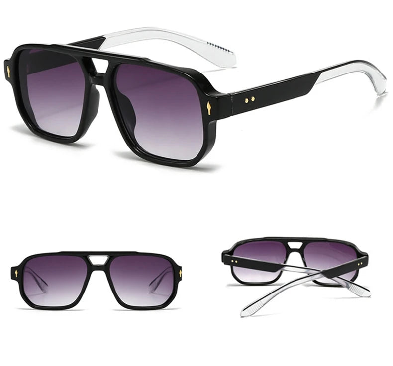 SO&EI Vintage Double Bridges Men Square Sunglasses Fashion Clear Ocean Lens Eyewear Women Trending Rivets Sun Glasses UV400