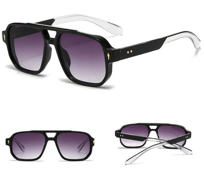 SO&EI Vintage Double Bridges Men Square Sunglasses Fashion Clear Ocean Lens Eyewear Women Trending Rivets Sun Glasses UV400