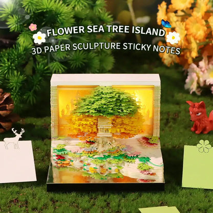 3D Calendar Sticky Notes of Flower Sea and Tree Island 2026 Unique Paper Sculpture Calendar For Desk Decor With Lights Design
