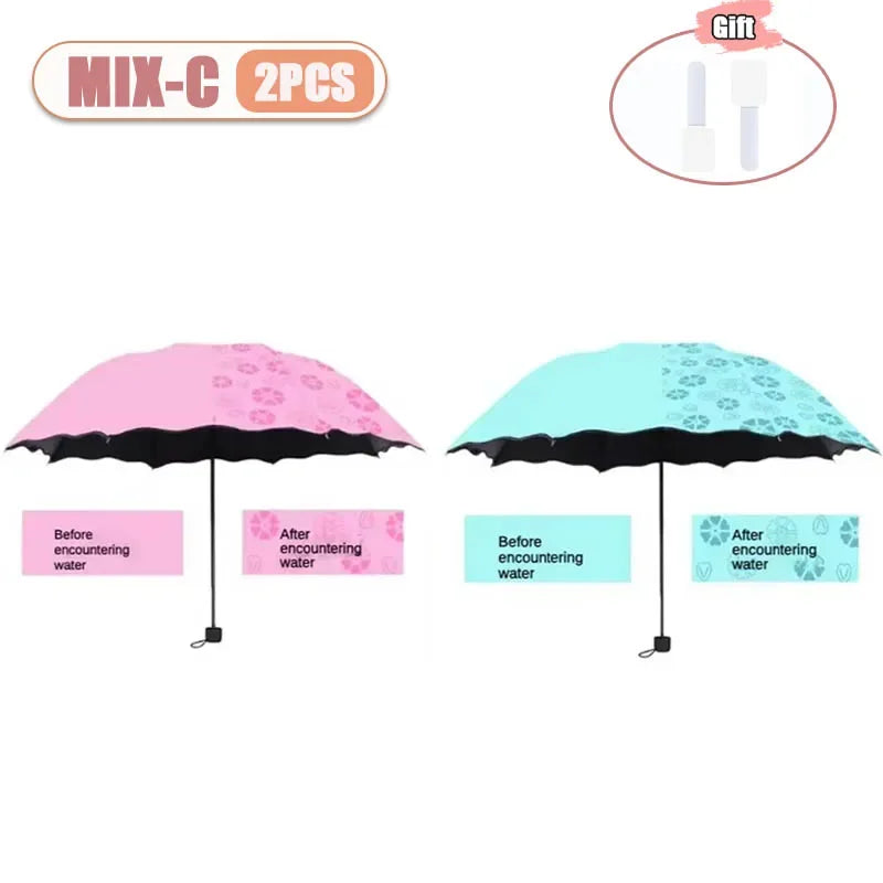 1-2PCS Portable Creative Water Flowering  Umbrella Manual  Black Coating UV Protection Sun Rain Dual Use Folding Parasol