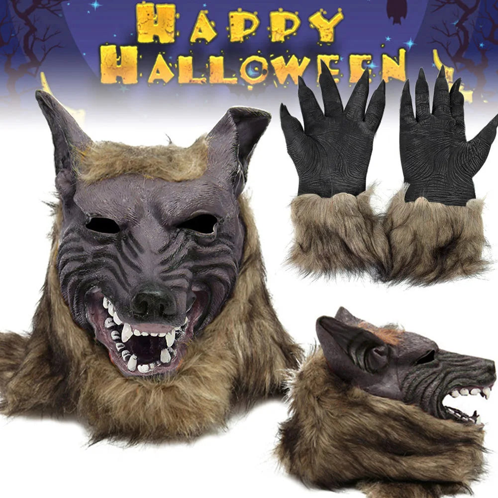 Halloween Theme Wolf Gloves and Mask Halloween Wolf Cosplay Costume Props for Holiday Birthday Gift