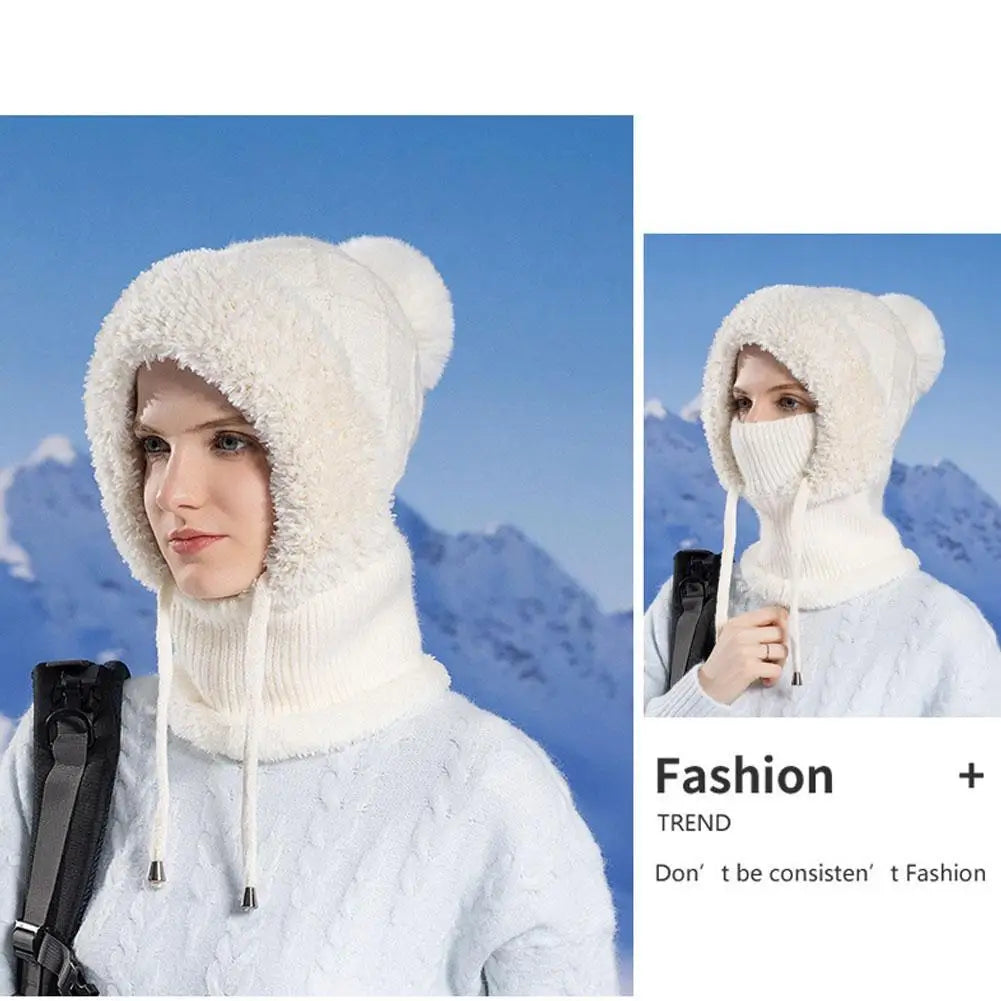 Women Winter Velvet Knitted Woolen Balaclava Hat Ear Protection fluffy Hat Mask Neck Integrated Warmth Cover Hat lady hooded cap