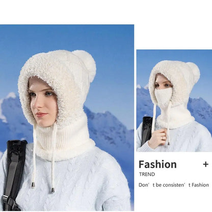 Women Winter Velvet Knitted Woolen Balaclava Hat Ear Protection fluffy Hat Mask Neck Integrated Warmth Cover Hat lady hooded cap