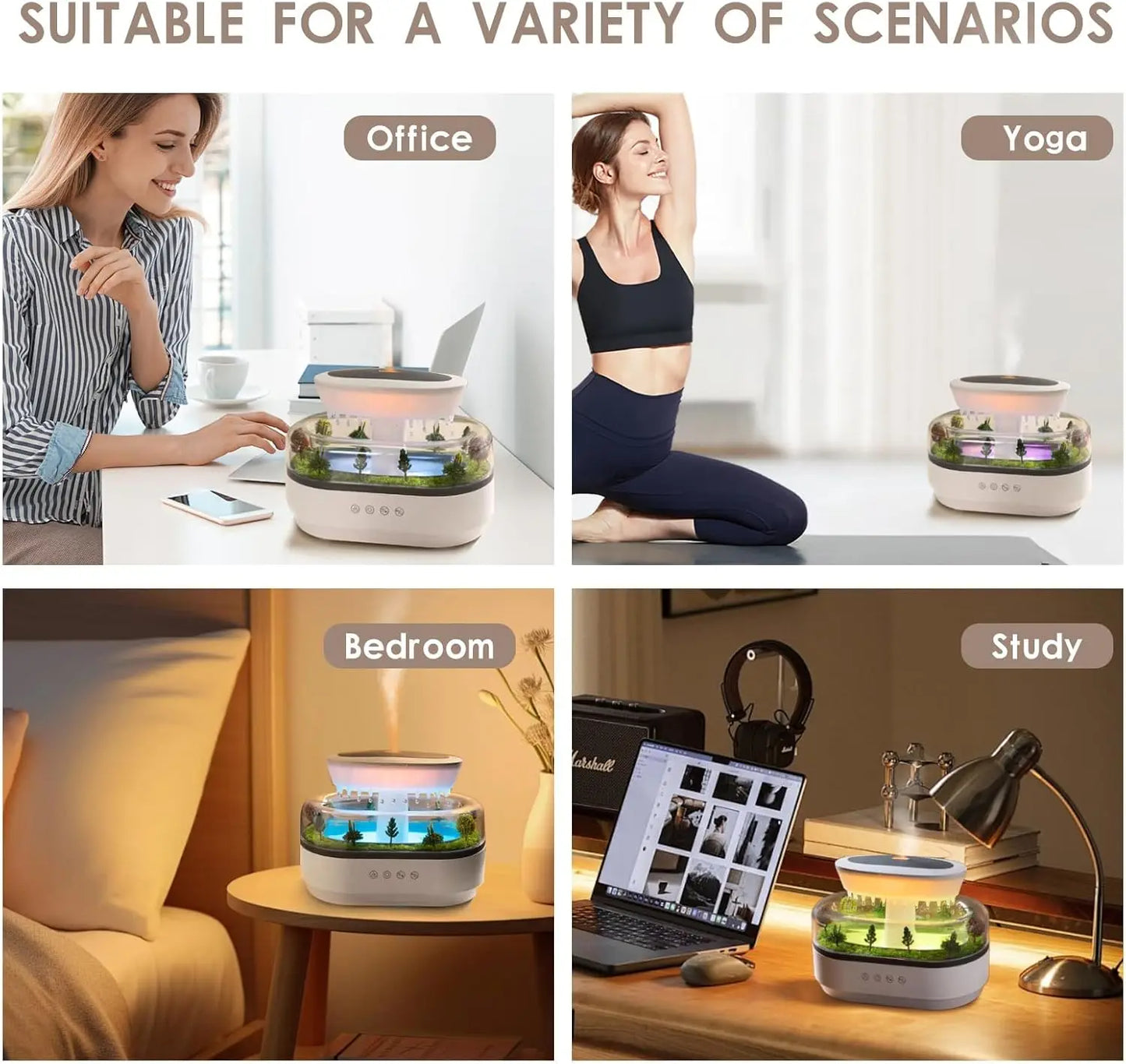 Rain Humidifier Ultrasonic Rainfall Humidifier with Simulated Water Drop Effect Quiet Air Humidifier for Bedroom Office