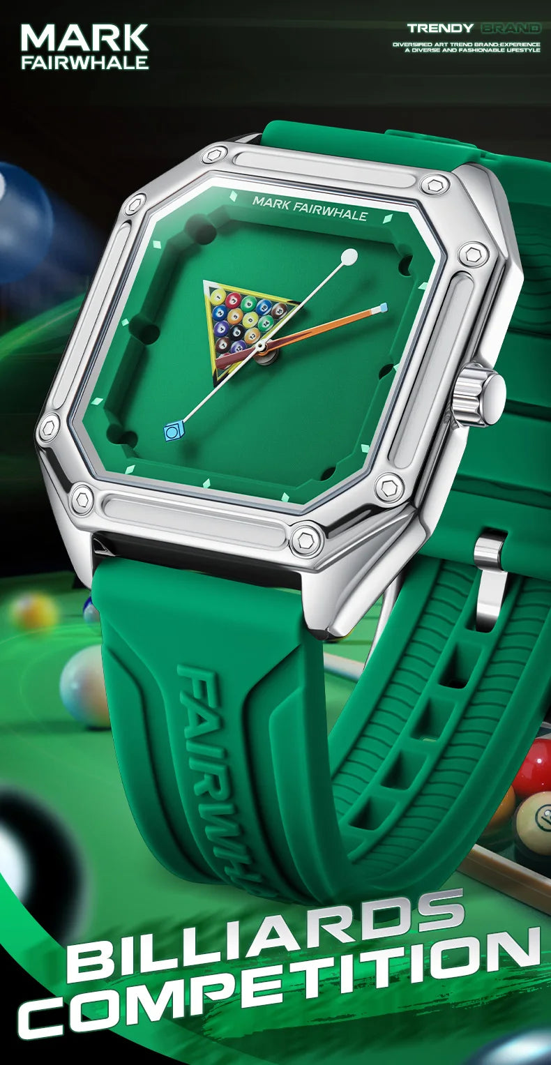 Mark Fairwhale 5047 Men Quartz Watch Square Case Luminous Billiards Dial Wristwatch Rubber Strap Watches for Men