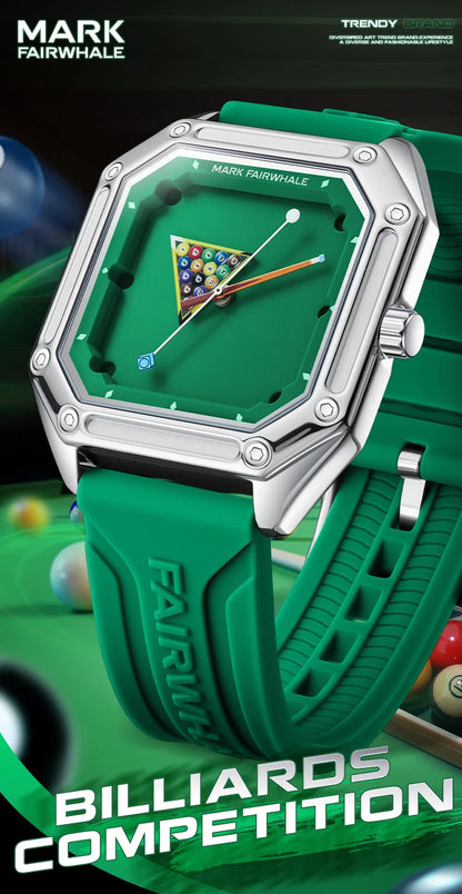 Mark Fairwhale 5047 Men Quartz Watch Square Case Luminous Billiards Dial Wristwatch Rubber Strap Watches for Men