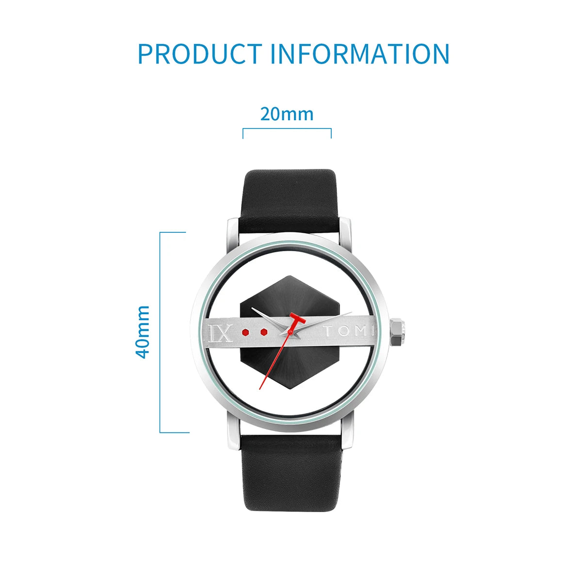 TOMI Fashionable and Minimalist Men's Leather Watch Strap Personalized Hollow Perspective Glass Bottom Cover Quartz Watch