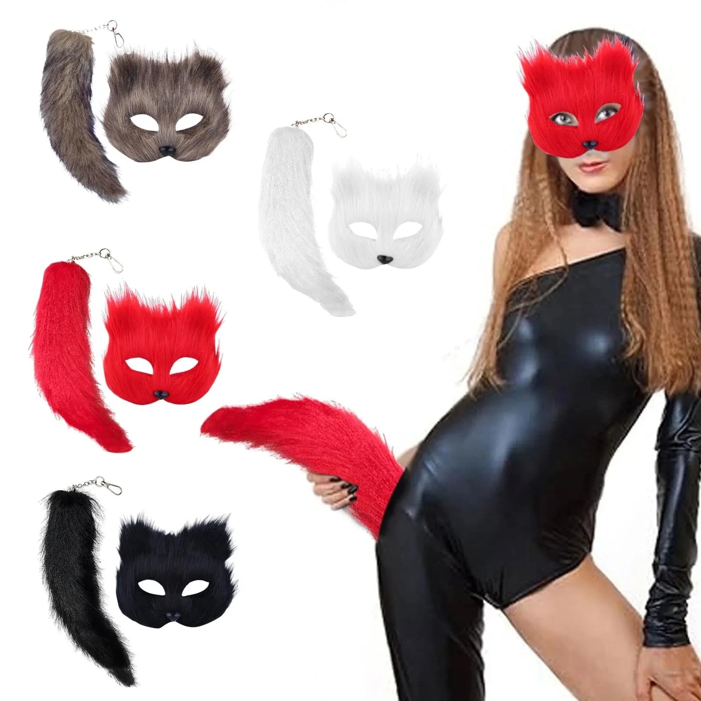 Therian Mask and Tail Faux Furs Foxes Tail Keychain Plush Cats Mask Halloween