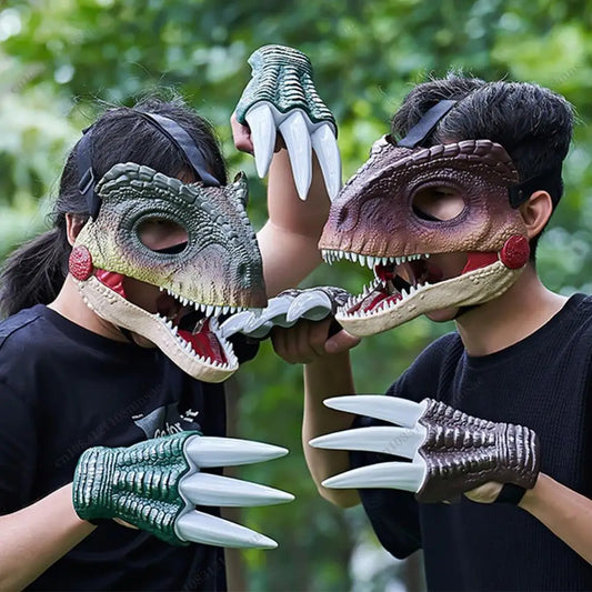 Halloween Moving Jaw Dino Mask with Dinosaur Scream 3D Dinosaur Claws Lifelike Dinosaur Mask Headwear for Carnival Party Decor
