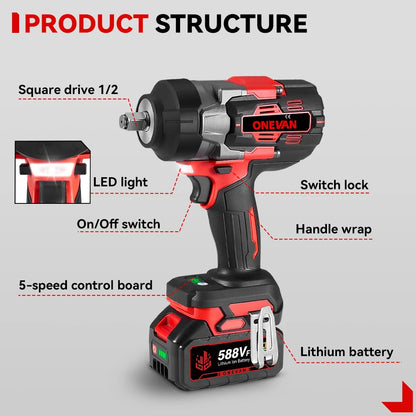 ONEVAN 8000RPM 2800N.M Brushless Electric Impact Wrench Cordless Car Repair Screwdriver Drill Power Tool For Makita Battery Pin