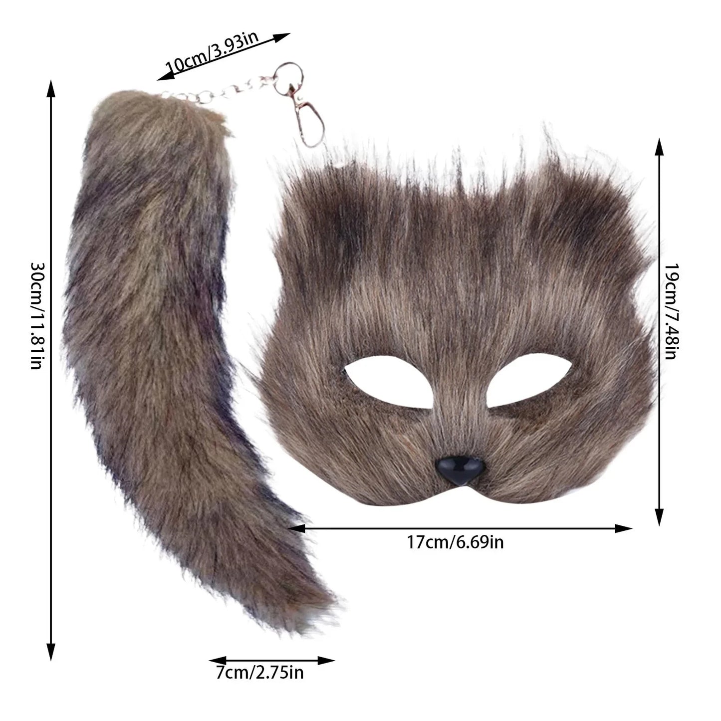 Therian Mask and Tail Faux Furs Foxes Tail Keychain Plush Cats Mask Halloween