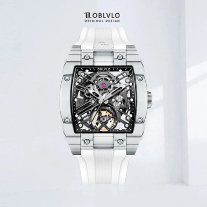 OBLVLO Top Brand Men Automatic Mechanical Watch Skeleton Luminous Wine Barrel Carbon Fiber Case Rubber Strap Waterproof EM