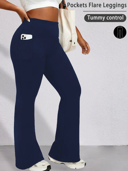 Women Flare Leggings with Pockets High Waisted Super Soft Tummy Control No See Through Yoga Running Workout Home Casual