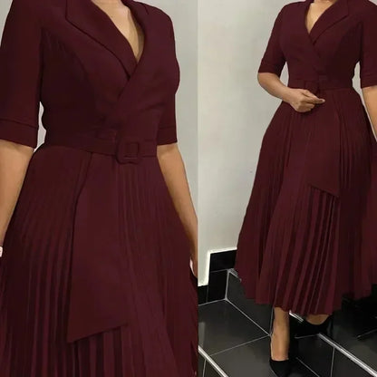 2025 Dashiki African Dresses for Women Autumn Elegant Half Sleeve V-neck Polyester Pleat Dress Ankara Dresses African Clothes