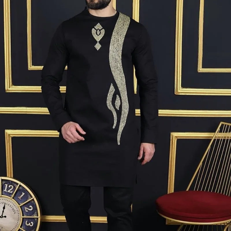 African Muslim Men Wedding Suit 2 Piece Set Long Sleeve Round Neck Top and Pants Traditional Style