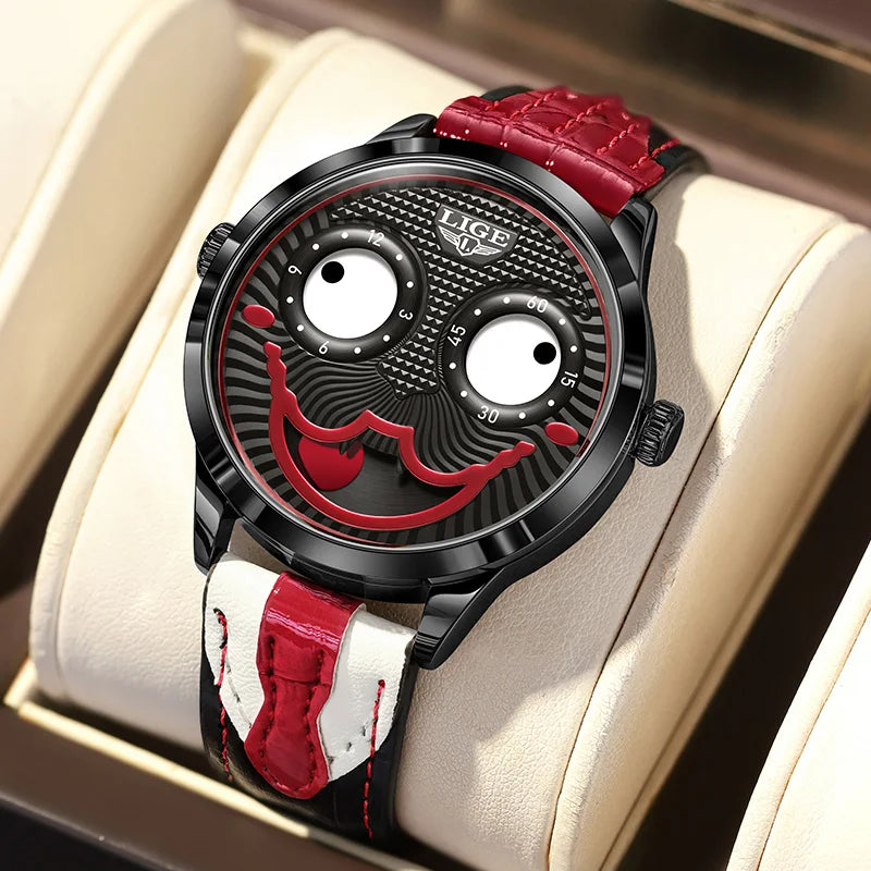 LIGE Creative Joker Watch Men Clown Men's Watches Fashion Leather Strap Waterproof Quartz Wristwatches Moon Phase Clock+BOX
