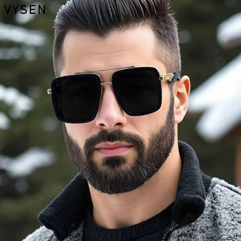 Vintage Oversized Square Polarized Sunglasses Men 2026 Luxury Steampunk Metal Frame Double Beam Driving Eyewear UV400 Shades