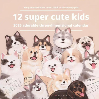Wooden Base 2026 3D Cat Dog Series Desk Calendar,Multifunctional Desktop Planner Calendar Yearly Agenda Organizer for Home Offic