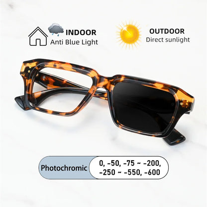 New Brand Design Square Alloy Frame Myopia Glasses Prescription Photochromic Anti Blue Light Women Shortsight Eyewear 0 to -6.00
