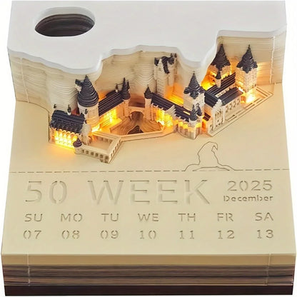 3D Castle Paper Sculpture Desk Calendar Meopad Magic Castle Memo Pad Tear-Away Notepad DIY Craft Gifts for Home Office School