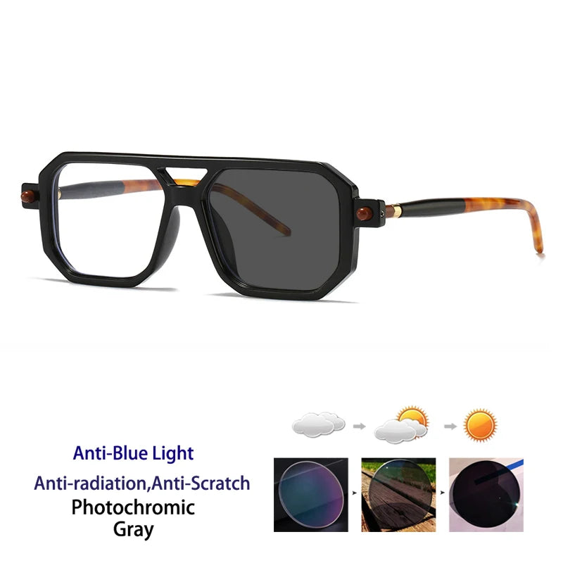 KOCOLIOR Men's Retro Fashion Double Beam Reading Glasses Brand Design Anti Blue Light Photochromic Presbyopia Glasses +0 to +6.0