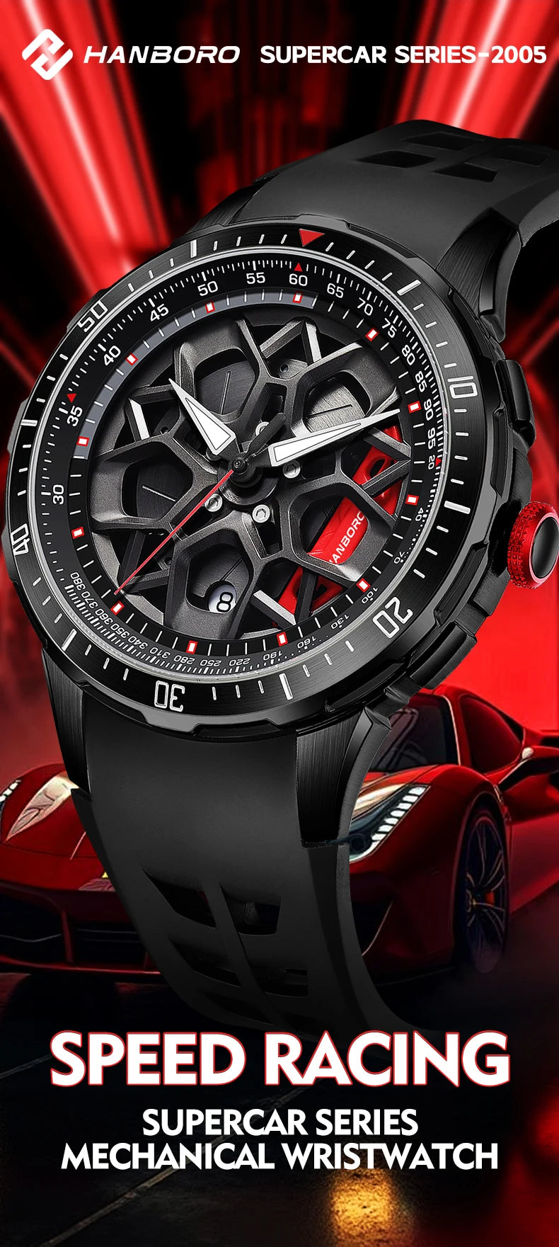 HANBORO supercar series men's fully automatic mechanical watch with wheels running and dial personalized watch
