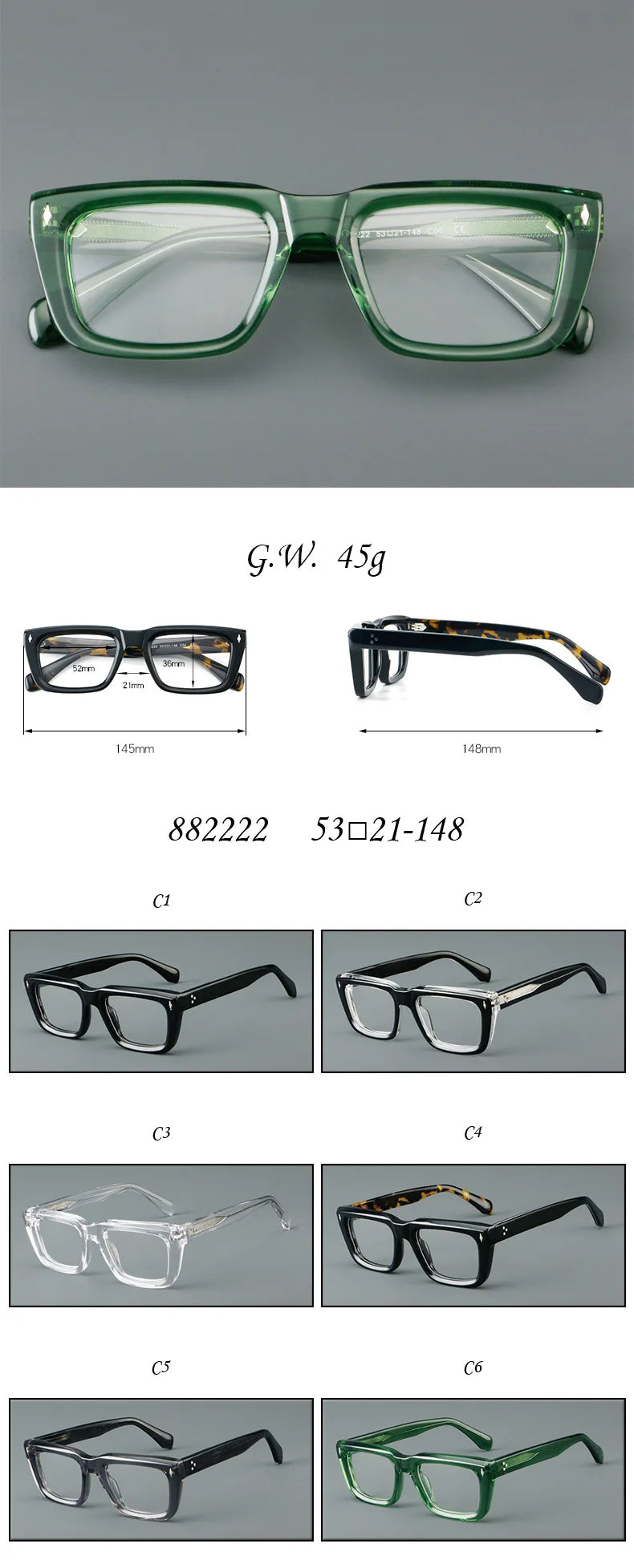 Fashion Thick Frame Acetate Glasses Men Vintage Square Myopia Prescription Eyeglasses Frame Reading Glasses Luxury Brand Eyewear