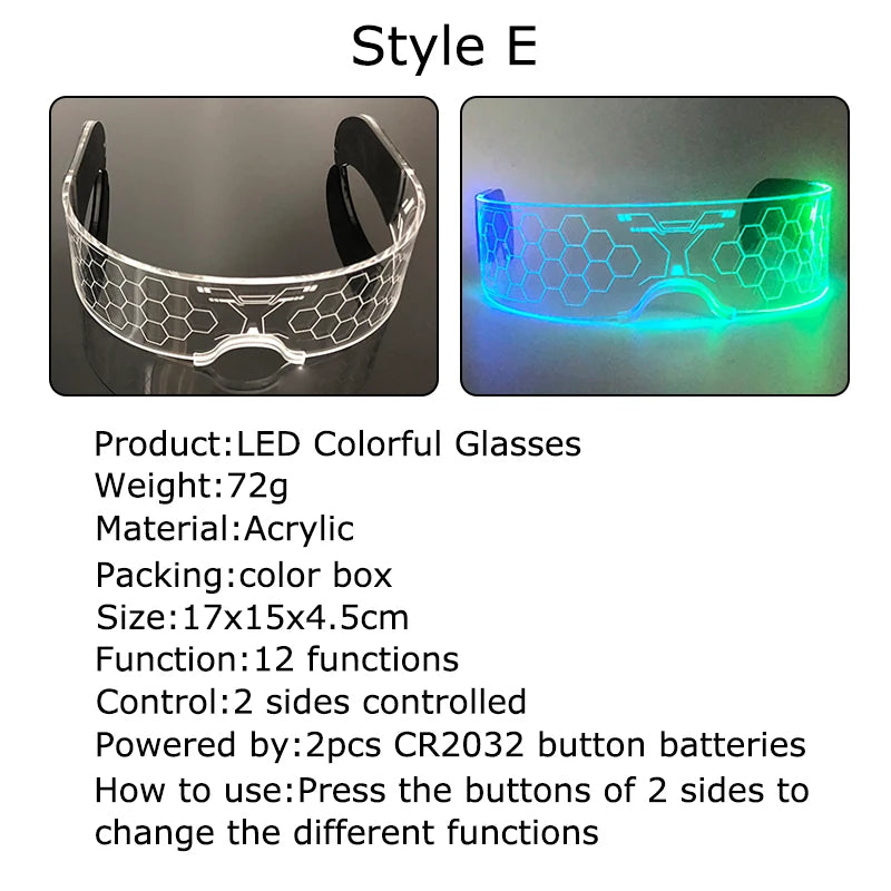 Acrylic LED Luminous Glasses Glow Party Glasses Neon Light Up Visor Eyeglasses DJ Bar Party Eyewear For Halloween Christmas