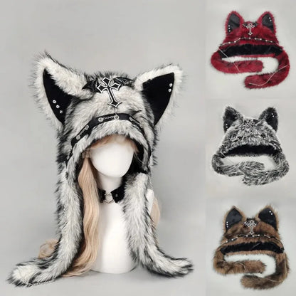 Dark Series Gothic Plush Hat Y2K Cross Metal Style Headwear Cosplay Cat Ear Hat Halloween Punk Rock Warm Cap for Women Men Child