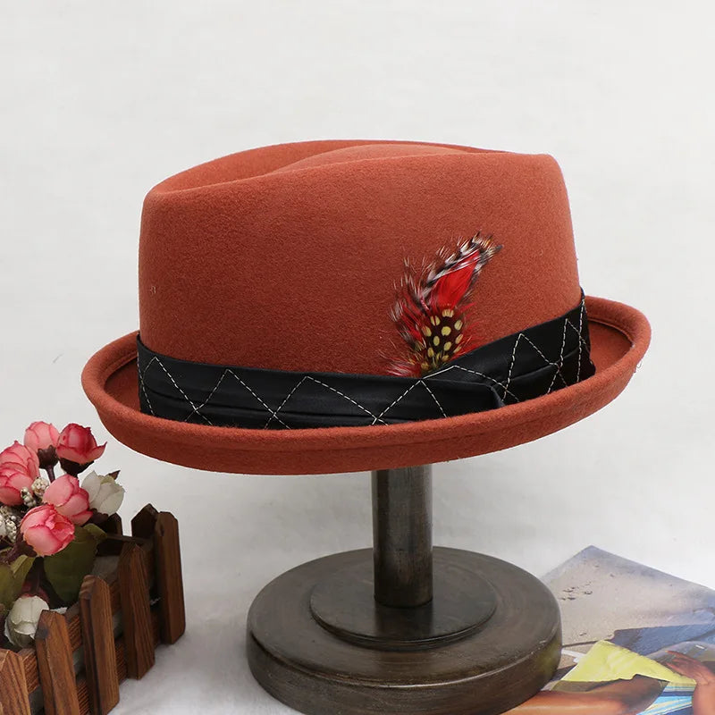 wool Derby Hat men hat male fedora with knot  felt hat for summer jazz disco hat for men black fedora hat small brim hat