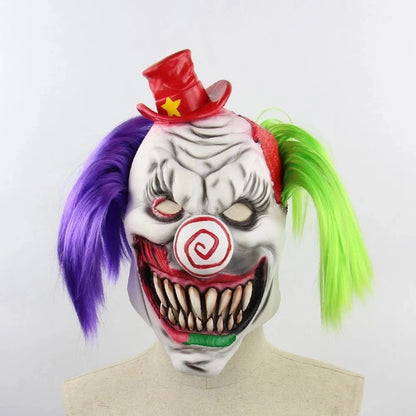 Scary Clown Mask with Purple Green Hair Horror Smile Face Mask Creepy Clown Costume Halloween Huanted House Prop