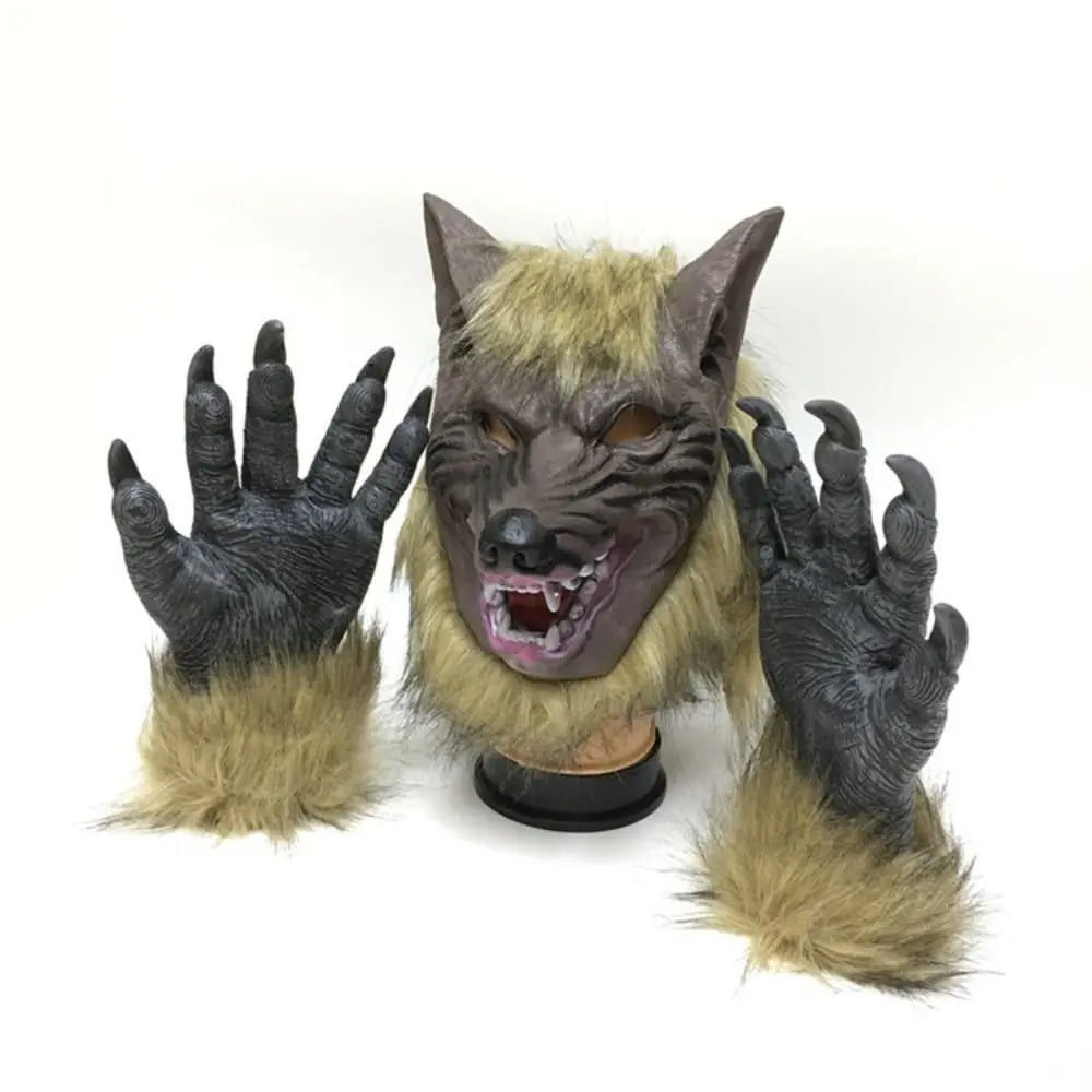 Halloween Latex Rubber Wolf Head Hair Mask Werewolf Gloves Costume Party Scary Decor Masquerade Props