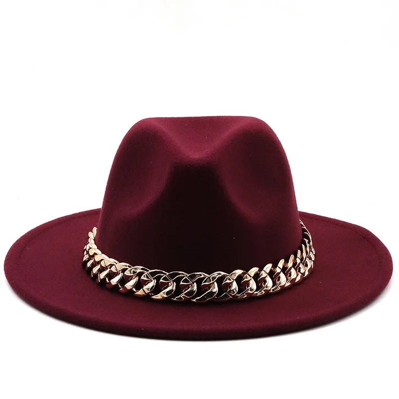women fedoras golden chain fedora hat women men wide brim solid color jazz top hat autumn winter new Panama hat gentleman hat