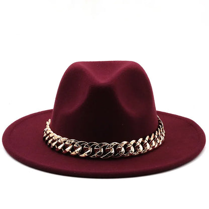 women fedoras golden chain fedora hat women men wide brim solid color jazz top hat autumn winter new Panama hat gentleman hat