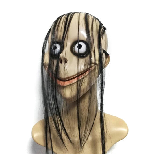 High Quality  Halloween Horror With Long Hair Mask Funny Mask V-shaped Mouth Mask With Hair Female Ghost Mask Roleplay MoMo Mask