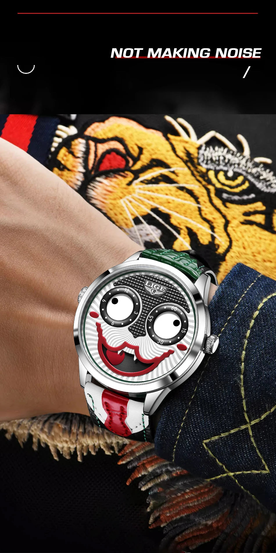 LIGE Creative Joker Watch Men Clown Men's Watches Fashion Leather Strap Waterproof Quartz Wristwatches Moon Phase Clock+BOX