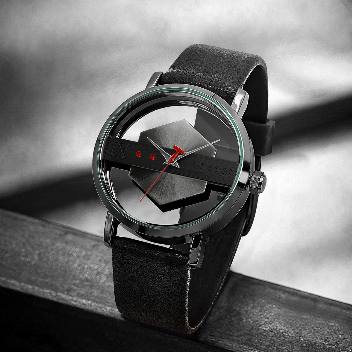 TOMI Fashionable and Minimalist Men's Leather Watch Strap Personalized Hollow Perspective Glass Bottom Cover Quartz Watch