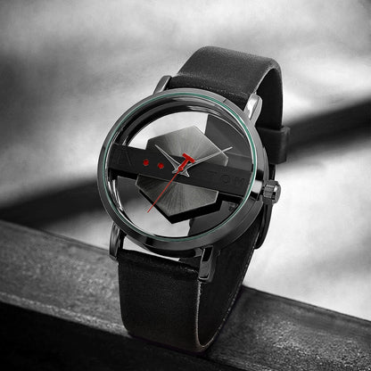 TOMI Fashionable and Minimalist Men's Leather Watch Strap Personalized Hollow Perspective Glass Bottom Cover Quartz Watch