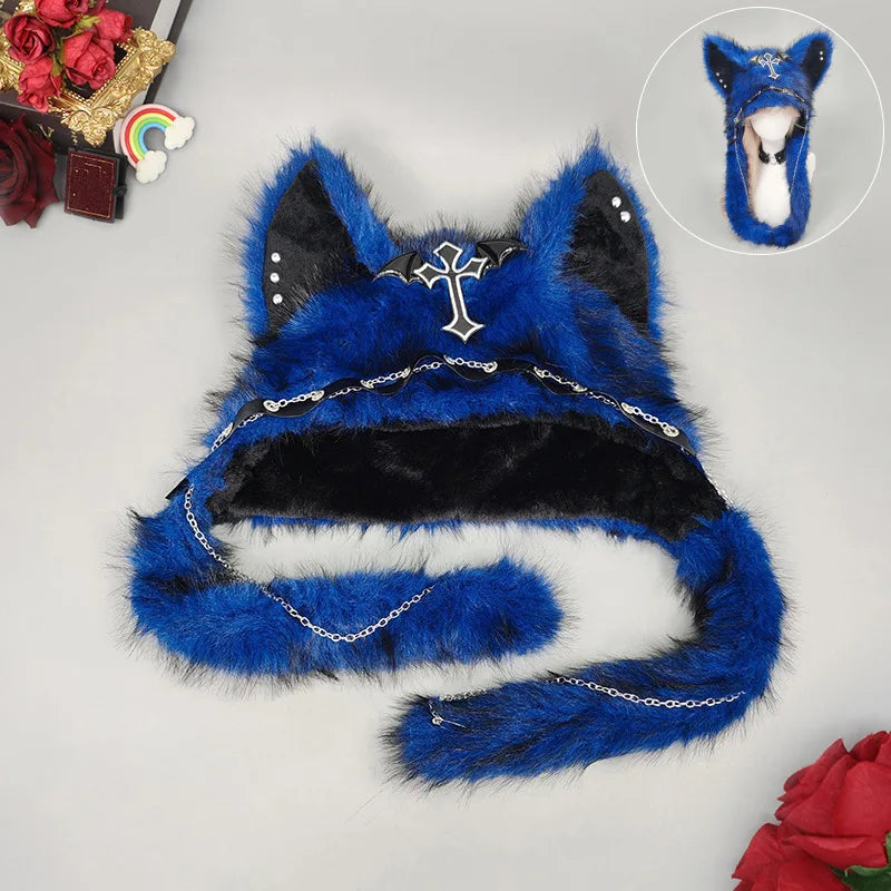 Dark Series Gothic Plush Hat Y2K Cross Metal Style Headwear Cosplay Cat Ear Hat Halloween Punk Rock Warm Cap for Women Men Child