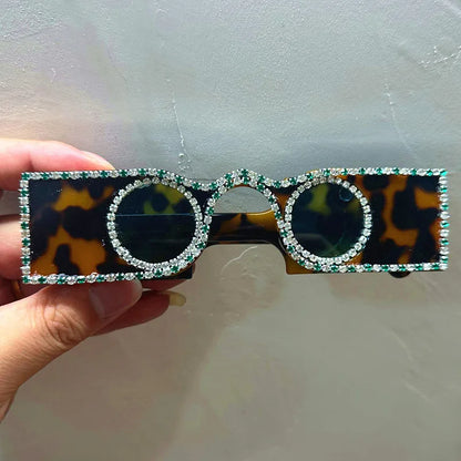 Unique Hand Diamond Square Women Sunglasses Luxury Rhinestone Small Round Lens Shades Female New Wide Legs Sun Glasses Men UV400