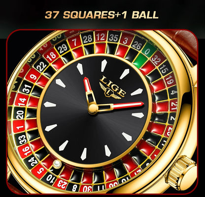 LIGE Creative Golden Mens Watches Roulette Game Dial Fashion Man Watch Waterproof Luminous Quartz Wristwatches Rolling Ball+Box