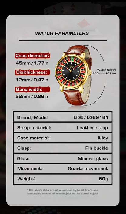 LIGE Creative Golden Mens Watches Roulette Game Dial Fashion Man Watch Waterproof Luminous Quartz Wristwatches Rolling Ball+Box