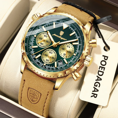 POEDAGAR Original Men's Clock Chronograph Date Waterproof Luminous Luxury Male Wristwatch Fashion Leather Quartz Watches For Man