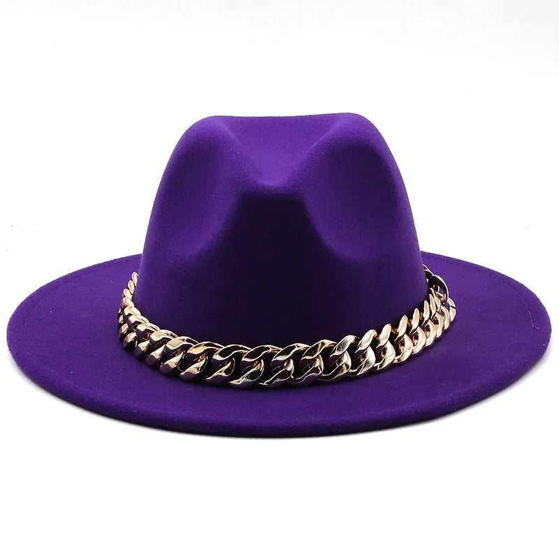 women fedoras golden chain fedora hat women men wide brim solid color jazz top hat autumn winter new Panama hat gentleman hat