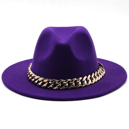 women fedoras golden chain fedora hat women men wide brim solid color jazz top hat autumn winter new Panama hat gentleman hat